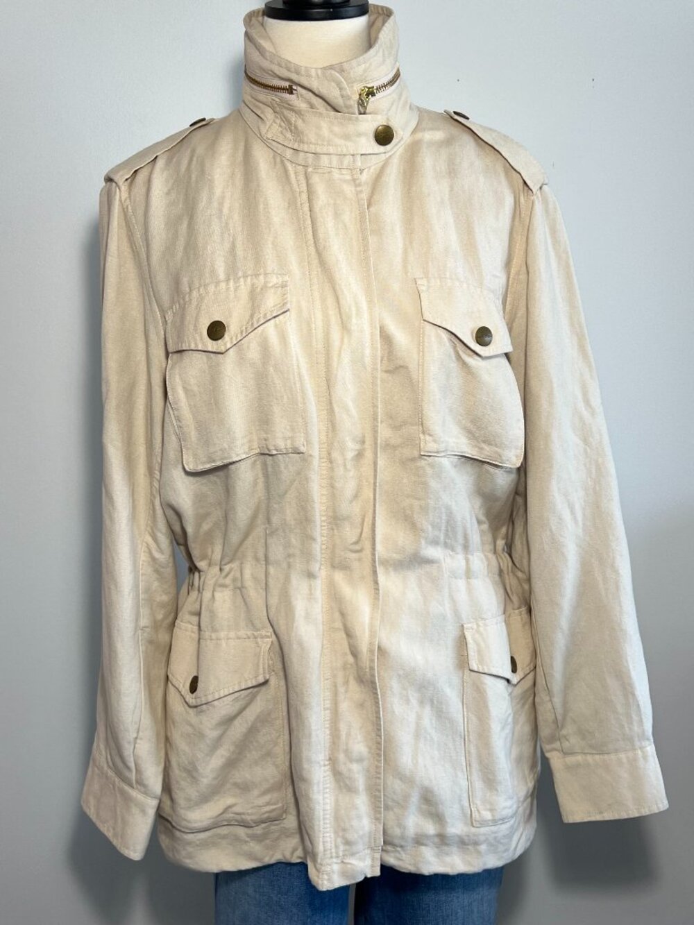 L.L. Bean Jacket Size M Khaki color 4 front pockets fully lined hidden hood